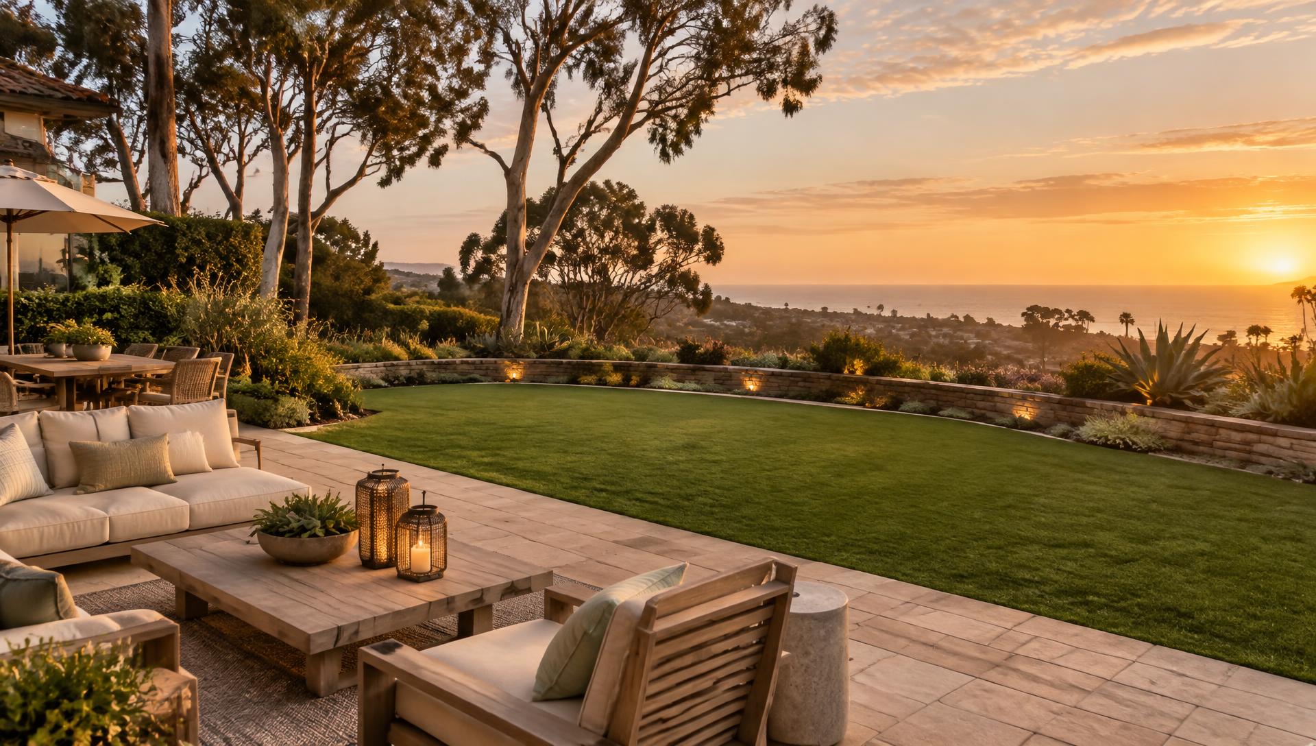 Finished coastal backyard with pavers, turf, lighting, and a low stone wall near Del Mar